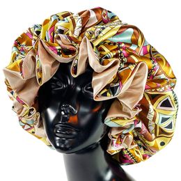 Hijab Satin Bonnet Cap Double Layer Silky Big Bonnet for Lady Printing Sleep Cap Head Wrap 230511