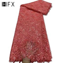 Fabric HFX African Guipure Lace Fabric 2022 High Quality Lace Latest French Cord Lace Fabric With Sequins For Wedding 5 Yards F7152