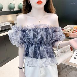 Women's Blouses Slash Neck Puff Sleeve Women Blouse Mesh Fairycore Sexy Sweet Ruffle Slim Waist Cropped Top Summer Shirt Tie Dye Blusa Mujer