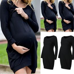 Maternity Dresses Women's Pregnanty Long Sleeve Solid Dress With Pocket Autumn Winter Nightdress Cotton Pregnant Casual Vestir