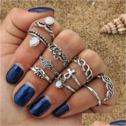 Cluster Rings 10 Pcs/Set Selling Moon Flower Elephant Joint Ring Set Antique Sier Plated Vintage Bohemian Turkish Fashion Wo Dhgarden Dhcpx