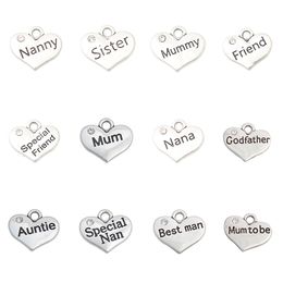 Fashion Alloy Daddy Dad Nana Mum Mom Friend Nanny Sister Aunite Mummy Mother Thank You Heart Charms Jewellery Making Pendants 15*17mm 50pcs