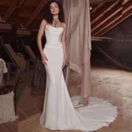 Modern Spaghetti Strap Mermaid Wedding Dresses for Bride Lace Back Cowl Neck Bridal Gowns Long Train Button Robe de mariee