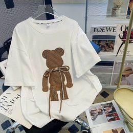 Bras Korean Version Fashion Design Heavy Industrial 3D Bear Short-sleeved T-shirt Women Loose Embroidered Cotton Tshirts Ins Tees P230512