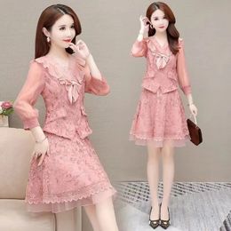 Two Piece Dress High-End Pink Suit Skirt Temperament Is Thin Spring Summer Skirt Sets Fashion Two-piece Set Of Floral Dress Bow Tie Shirt 230512