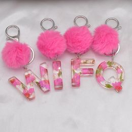 Keychains Letter Keychain Cute Pink Pompom Plush Print Keyring Car Pendant Bag Handbag Acrylic Sequins Charms Gift Jewellery Accessories