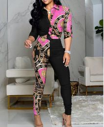 New Women's Tracksuits suit Golden Baroque royal printing long-sleeved lapel shirt casual jogging pants two-piece set slim Outfit Tracksuit