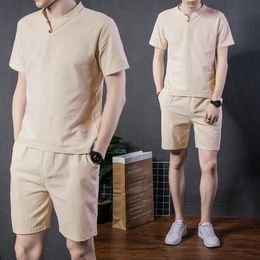 Mens Tracksuits Summer Fashion Solid Colour Cotton and Hemp Suit Mens Casual Loose Comfortable HighQuality Large Size TwoPiece Set 230511