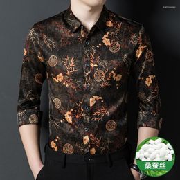 Men's Casual Shirts High-End Dress Shirt Men Real Silk Long Sleeve Loose Fit Chinese Style Vintage Print Soft Comfortable Chemise Homme