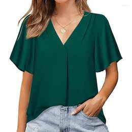 Women's Blouses 2023 V Neck Flare Short Sleeve Chiffon Summer Tops Casual Blouse For Women Fashion Lady Loose Solid Shirts Elegant 24905