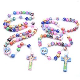 Pendant Necklaces Cute Children Colorful Polymer Clay Handmade Cross Rosary Necklace Prayer Beads Religion Christianity Jewelry Accessories