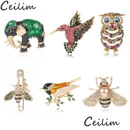 Pins Brooches Cute Owl Bird Bee For Women Animal Shapes Crystal Green Black Brooch Pins Badges Clothes Bags Female Jewelry D Dhgarden Dhzrg