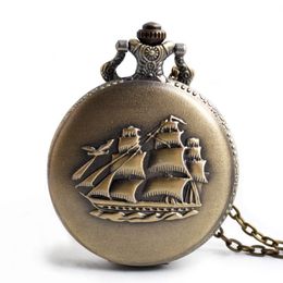 Pocket Watches Bronze Mini Small Quartz Watch Sailing Canvas Boat Ship Necklace Clock Pendant Chain Women Men Girlfriend GiftPocket