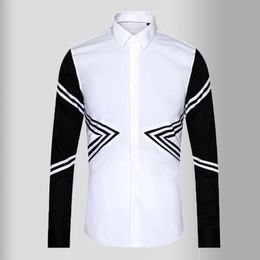 New White Mens Shirts Luxury Long Sleeve Rib Splicing Design Casual Mens Dress Shirts Fashion Slim Fit Party Man Shirts 3XL