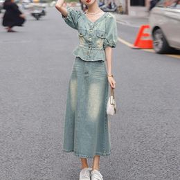 Two Piece Dress Skirt Suit Women Korean Suits Denim Sets Tops Short Sleeve Small Coats & For Ladies Casual Work Wear Summer