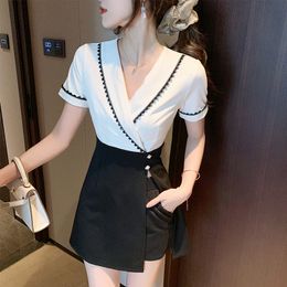 Two Piece Dress Summer Temperament Stitching White and Black Fake Two-Pieces Dress Black Shorts Suit Outfits Female 2pcs Set 230512
