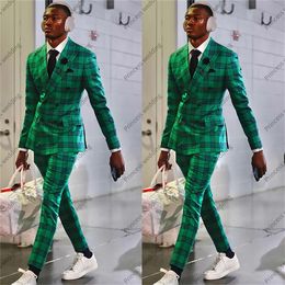 Fashion Green Plaid Men Wedding Tuxedos Formal Slim Fit 2 Pcs Double Breasted Pants Suits Prom Evening Custom Made