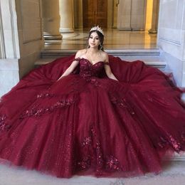 Quinceanera Dresses Princess Deep Red Sequins Flowers Ball Gown Sweetheart Lace-up with Tulle Plus Size Sweet 16 Debutante Party Birthday Vestidos De 15 Anos 117