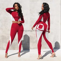 Women's Two Piece Pants Autumn Winter Colour Block Patchwork Tracksuit Women Casual Sport Long Sleeve Crop Top + Leggings Skinny Two Piece Set Jogging T230512