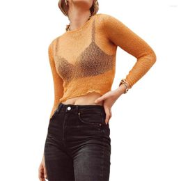 Women's T Shirts Hollow Long Sleeve Tops Women Round Neck See-through Shirt Summer Casual Sheer Cropped Streetwear T-Shirts