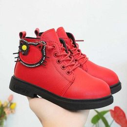 Kids Boots Red Lace Up Fashion Leather Boot Cute Cat for Little Girls Low Heeled Baby Casual Shoes 2023