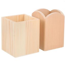 Storage Boxes 2pcs Wooden Pen Holders Blank Brush Pots Container Desktop