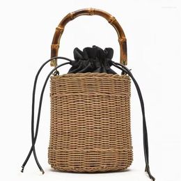 Evening Bags Wicker Rattan Bucket Bag Bamboo Handle Women Handbags Bohemian Travel Beach Shoulder Handmade Straw For Tote