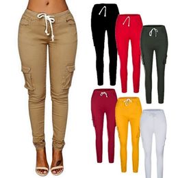 Women's Pants Capris Spring Lace Waist Casual Women's Pants Solid Pencil Pants Multi Pocket Plus Size Straight Fit Tights 230511
