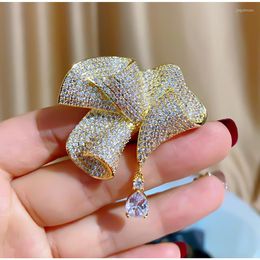 Brooches Exquisite Micro-zircon Bow Brooch Elegant Tassel Waterdrop Women's Korean Luxury Atmosphere Dress Suit Party Pins Corsage