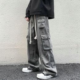 Men's Jeans Men Jean Pants Japanese Retro Washed Straight Wide-Leg Loose Big Pocket Couple Hip Hop Street Denim Male