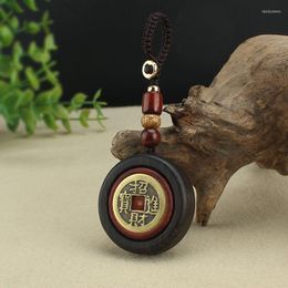 Keychains Natural Ebony Red Sandalwood Wooden Rotatable Copper Pendant Keychain Chinese Emperor Money Lucky Charm Ancient Coin 1Pcs Pendan