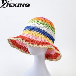 Stingy Brim Hats Rainbow Striped Crochet Bucket Hat Breathable Straw Beach Hat Handmade Sun Hat Women 230511