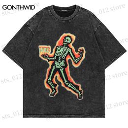 Men's T-Shirts Distressed T-Shirt Hip Hop Skull Skeleton Print Punk Gothic Rock Tshirt Vintage Casual Cotton Short Sleeve Streetwear Shirts Top T230512