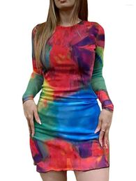 Casual Dresses Women Sexy Bodycon Mini Dress Y2k Long Sleeve Tie-Dye Print Crew Neck Cross Backless Cocktail Short