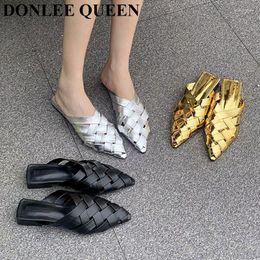 Slippers Women Mule Sandals For 2023 Luxury Fashion Weave Slide Pointed Toe Flat Heel Shoes Ladies Flip Flops Female Mujer