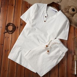 Mens Tracksuits Arrival Mens Cotton and Linen Short Sleeve TshirtShorts 2PC Set Solid ShirtShorts Home Suits Male M5XL TZ002 230511