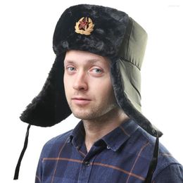 Berets 1PC Soviet Army Military Badge Russia Ushanka Bomber Caps Hat Men Hats Faux Winter Earflap Fur Trapper Trooper Q2U3