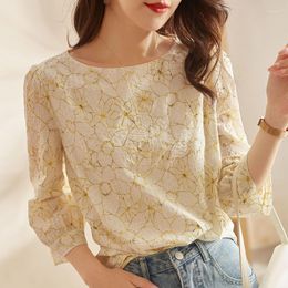 Women's Blouses Korean Chiffon Blouse Women 2023 Spring Summer Outfits Three Quarter Sleeve Round Neck Tops Ladies Fashion Casual S-XXXL