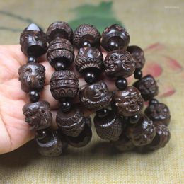 Strand Natural Coffee Hand Carving Buddha Head Bracelets Men Handmade Tibetan String Barrel Prayer Beads Bangles 20mm