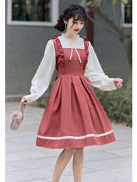 Casual Dresses Japanese Sweet Patchwork Puff Sleeve Dress Kawaii Women Fall Long Bow Cute Pleated Petite Soft Girl Vestidos