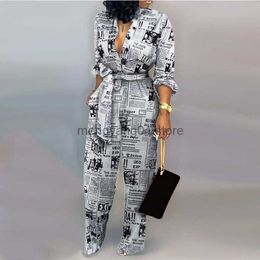 Women's Two Piece Pants Harajuku Fashion Casual Newspaper Print One Piece Pants Loose Lapel Long Sleeve Women's Shirt Pants 2021Plus Size Jumpsuit Women T230512