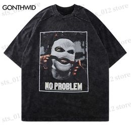 Men's T-Shirts Oversized Distressed Tshirt Streetwear Hip Hop Mask Letter Print T-Shirt Summer Harajuku Vintage Casual Short Sleeve Tee Shirts T230512