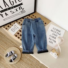 Jeans Baby Girl Jeans Kids Thick Warm Pants Girls Wide Leg Jeans Winter Children's Plush Jeans Long Pants 1-9 Years 230512