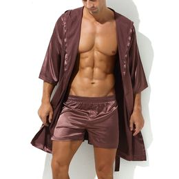 Men's Robes Men Sexy Pyjamas Sleepwear Silk Pijama Hombre Hooded Bathrobe Men Bath 5 Colour Set Summer Dress Bath Robe With Shorts Underpants 230512