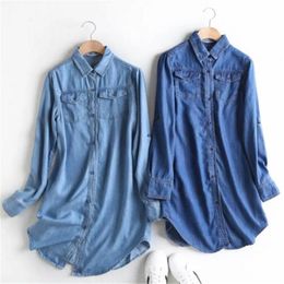 Women's Blouses Shirts Women Blouse Spring Autumn Casual Shirts Mid-length Long Sleeve Denim Jeans Tops Casual Women Shirt Blusa Mujer Plus Size S~3XL 230512