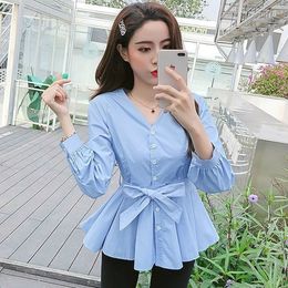 Women's Blouses Shirts Spring Autumn Women Fashion Solid V-Neck Ruffled Blouses Office Ladies Elegant Button Sashes Bow Tie Up Slim Shirt A142 230512