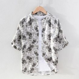 Men's Casual Shirts Summer High Linen Men's Shirt Large Size 3XL Black Print Design Youth Street Fashion Five-point Sleeve Top