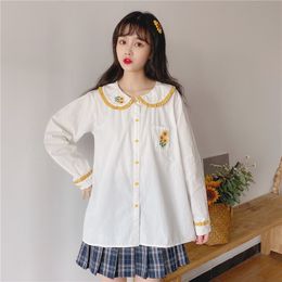 Women's Blouses Shirts School Girl White Shirt Japanese Lolita Peter Pan Collar Women Shirts Kawaii Sunflower Embroidery Tops Sweet Ruffle Blouse 230512