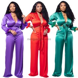 Women's Two Piece Pants Elegant Satin Solid 2 Piece Set Women Sexy V Neck Bandage Furry Long Sleeve Crop Top + Wide Leg Pants Club Outfits Matching Sets T230512