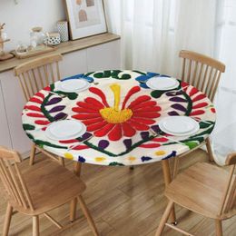 Table Cloth Mexican Flowers Art Tablecloth Round Fitted Waterproof Textile Embroidery Cover For Kitchen